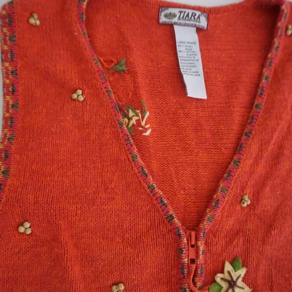 Vintage Tiara Orange Embroidered Pumpkin Harvest Halloween Folk Art Zip Vest L - Picture 6 of 9